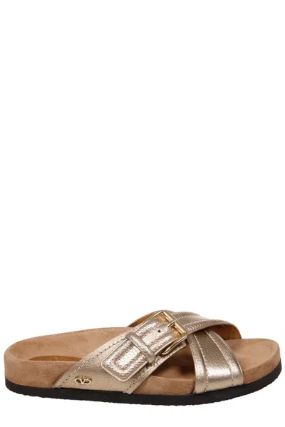 Valentino Garavani Crossover-strap Leather Slides In 金色