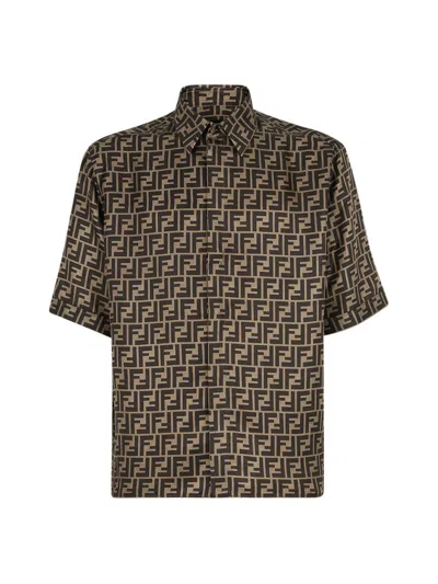 Fendi Men Brown Silk Shirt