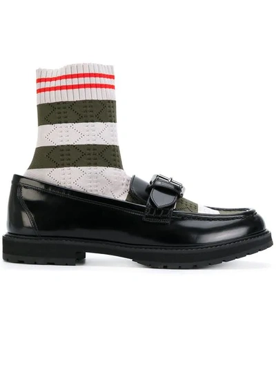 Fendi 30mm Sock & Polished Leather Loafers, Black In Black