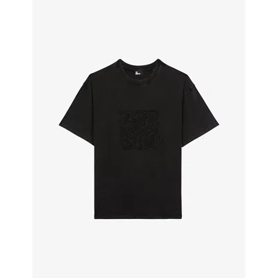 The Kooples Mens Black Washed Logo-embroidered Relaxed-fit Cotton T-shirt