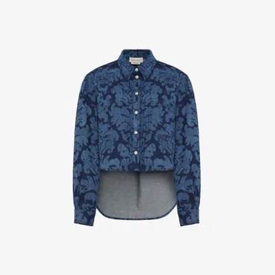 Alexander Mcqueen Damask-jacquard Denim Shirt In Blau