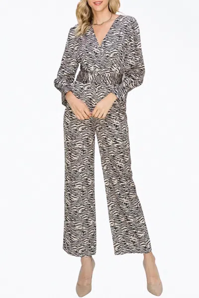 Adelyn Rae Toni Zebra-print Belted Wrap-effect Sateen Jumpsuit In Tan/black In Grey