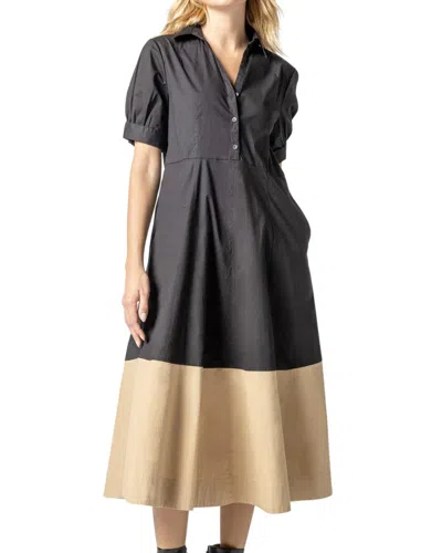 Lilla P Collared Maxi Dress In Black/khaki In Grey