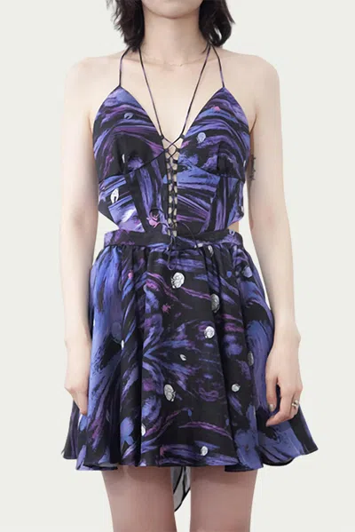 Videmus Omnia Zeta Lace-up Cutout Halterneck Mini Dress In Purple/blue