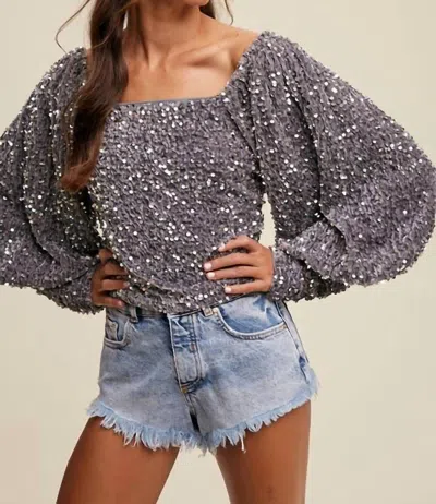 Listicle Silver Sequin Velvet Long Puff Sleeve Top In Blue