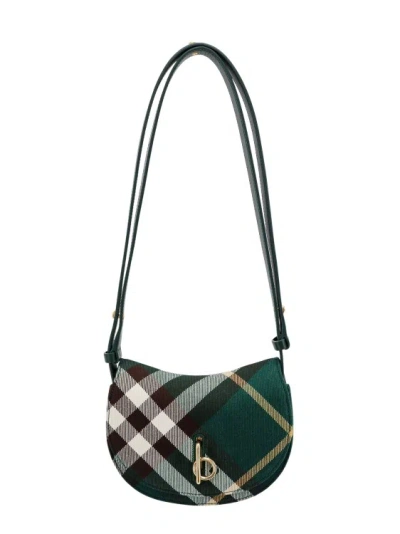 Burberry Wool Blend And Leather Shoulder Bag With Check Motif In Black