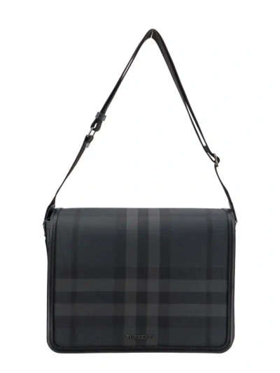 Burberry Coated Canvas Shoulder Bag With Check Motif In Black