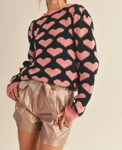 Merci Crewneck Knit Heart Sweater In Black/pink