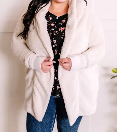 Cozy Co. Open Front Hooded Teddy Cardigan With Pockets In Ivory In Pink
