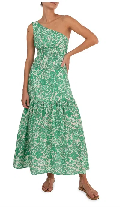 Peony Vacation One-shoulder Floral-print Cotton-blend Maxi Dress In Green