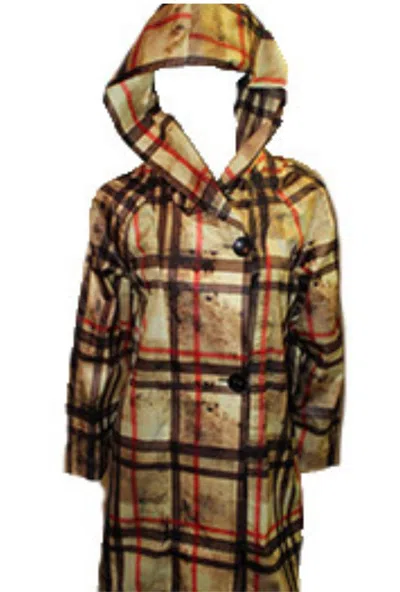 Angel Plaid Side Button Long Hooded Rain Jacket In Gold Multi
