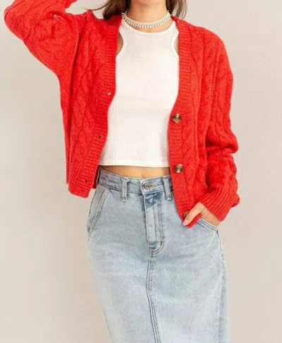 Hyfve Cable Knit Cardigan Sweater In Red