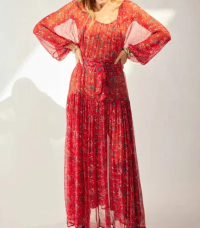 Natalie Martin Chiffon Print Lainey Dress W/ Sash In Vermillion In Red
