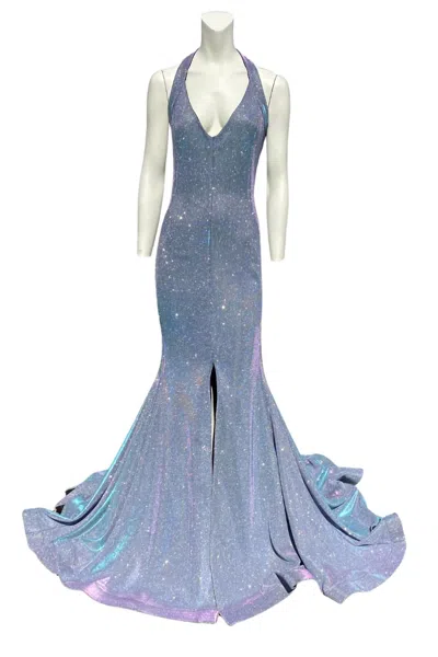 Jessica Angel Metallic Evening Gown In Blue Metallic Sparkle