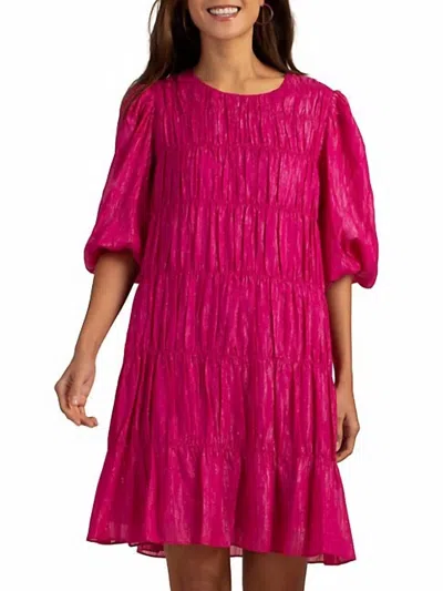 Trina Turk Silvery Shirred Puff-sleeve Shimmer Dress In Pink
