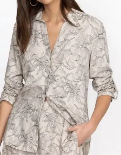 Johnny Was Etched Floral Relaxed Linen Shirt In White/black In Beige