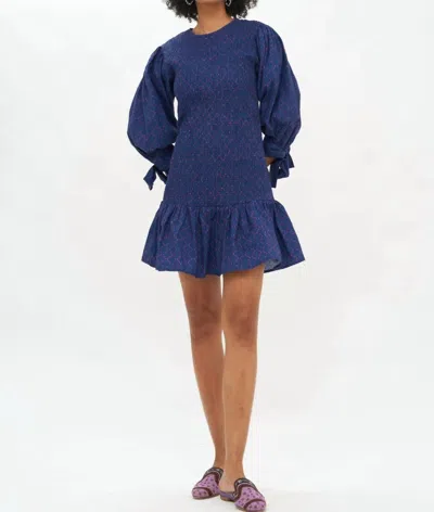 Oliphant Morocco Smocked Tie Midi Dress In Navy And Pink In Blue