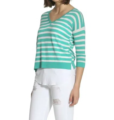 Label+thread Striped Swing V Neck Sweater In Turquoise/white In Green