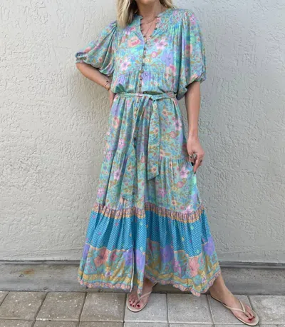 Spell Hibiscus Lane Button Through Maxi Gown In Blue Floral In Multi