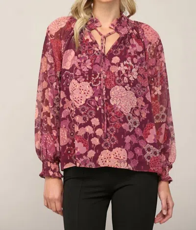 Fate Floral Print Lurex Chiffon Tie Neck Blouse In Maroon Multi In Pink