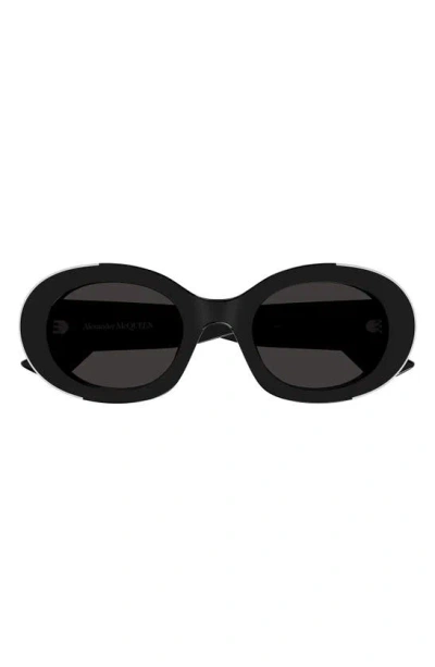 Alexander Mcqueen Silver Embellished Acetate Oval Sunglasses In Shiny Solid Black