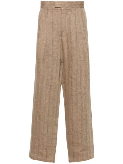 Noah Ny Brown Herringbone-pattern Linen Tailored Trousers