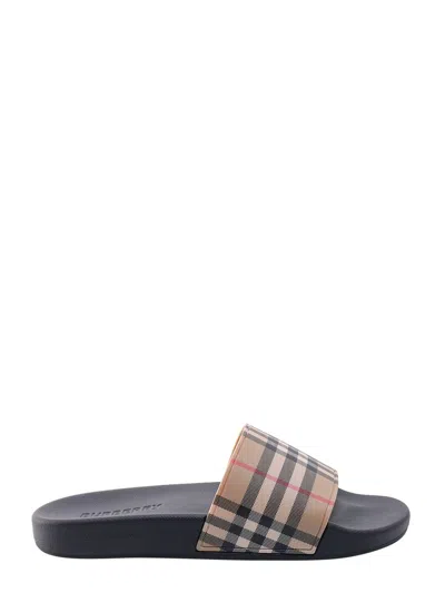 Burberry Check Cotton And Mesh Slides In Beige