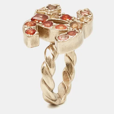 Pre-owned Chanel Cc Resin Gold Tone Ring Size 53