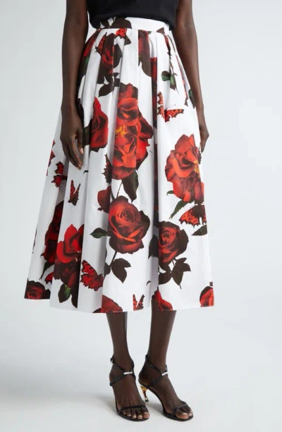 Alexander Mcqueen Pleated Floral Cotton Midi Skirt In 白色的