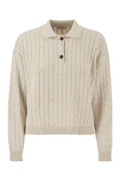 Brunello Cucinelli Dazzling Cables Cotton Polo-style Shirt In Oat