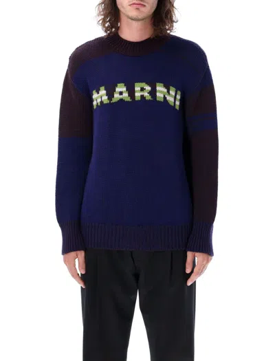 Marni Mouliné Jumper With Striped Logo In Iris Blue