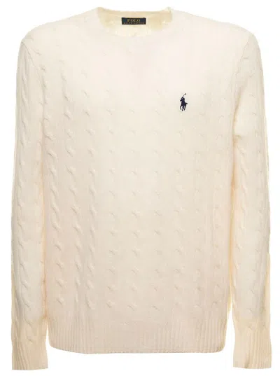Polo Ralph Lauren White Cable-knit Crewneck Sweater With Front Contrasting Logo Embroidery In Wool And Cashmere Man