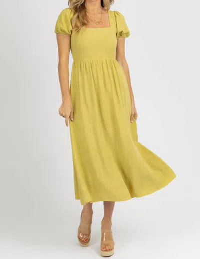 Endless Blu. Puff Sleeve Open-back Midi Dress In Palm Lime In Yellow