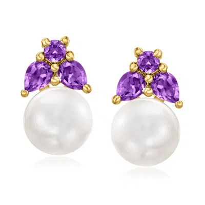 Ross-simons 7.5-8mm Cultured Pearl And . Amethyst Earrings In 18kt Gold Over Sterling In Purple