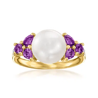 Ross-simons 9.5-10mm Cultured Pearl And . Amethyst Ring With Diamond Accents In 18kt Gold Over Sterling In Purple