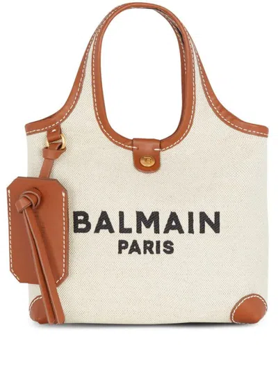 Balmain B-army Canvas And Leather Grocery Bag In Nude & Neutrals