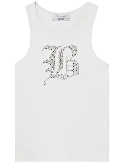 Blumarine Rhinestone-logo Ribbed Tank Top In Blanco