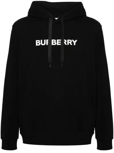 Burberry Logo Printed Drawstring Hoodie In Black