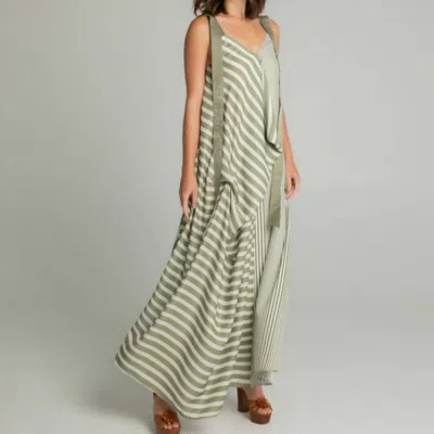 Gabby Isabella Stripped Ribbon Maxi Dress In Green And White In Beige