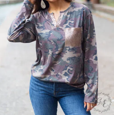 Southern Grace Welcome To The Jungle Sequins Knotch Long Sleeve Top In Camouflage In Multi
