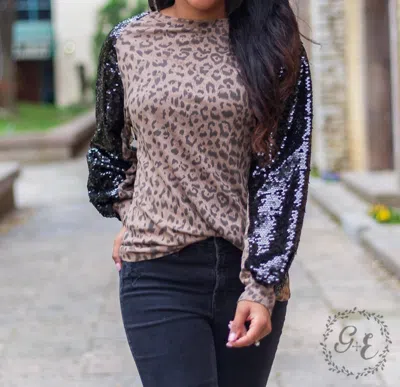 Southern Grace I'm A Diva Raglan Balloon Long Sleeve With Sequins Top In Leopard In Brown
