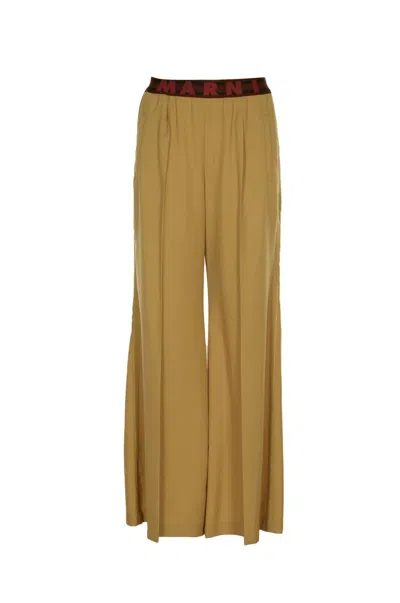 Marni Logo Waistband Palazzo Trousers In Dijon