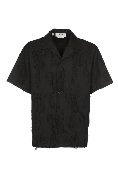 Msgm Logo-tag Textured-finish Buttoned Shirt In Black