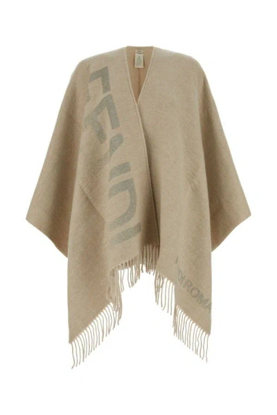 Fendi Woman Beige Wool Blend Poncho In Cream