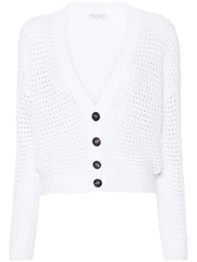 Brunello Cucinelli Open-knit Cardigan With Sequins In White