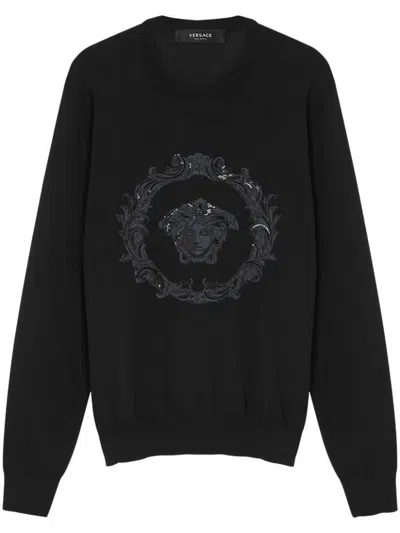 Versace Embroidered Sweater In Black