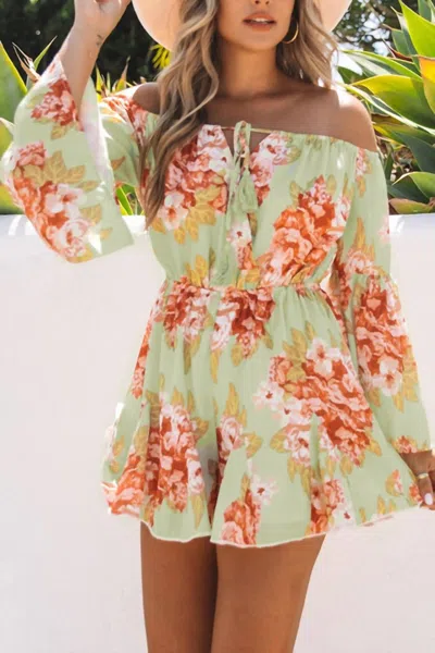 Shiying Summer Floral Bardot Romper In Pale Green In Multi