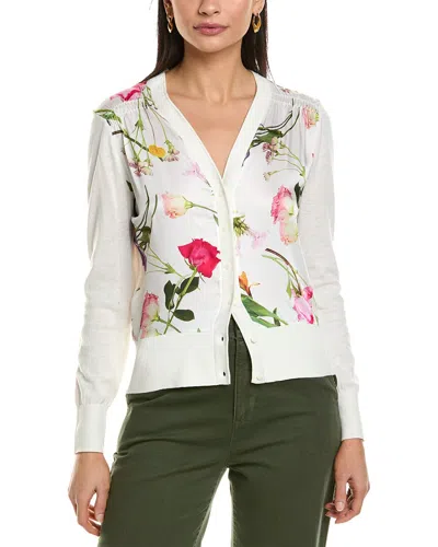 Ted Baker Woven Front Printed Linen-blend Cardigan In White