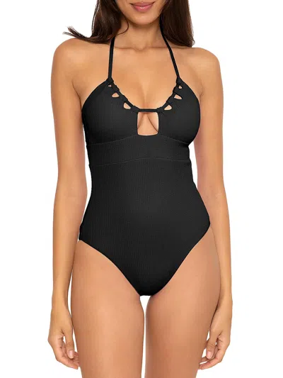 Becca Pucker Up Womens Halter Cut-out One-piece Swimsuit In Black