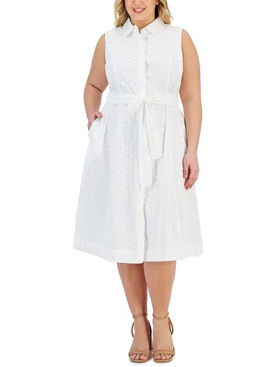 Anne Klein Plus Womens Collar Midi Shirtdress In White